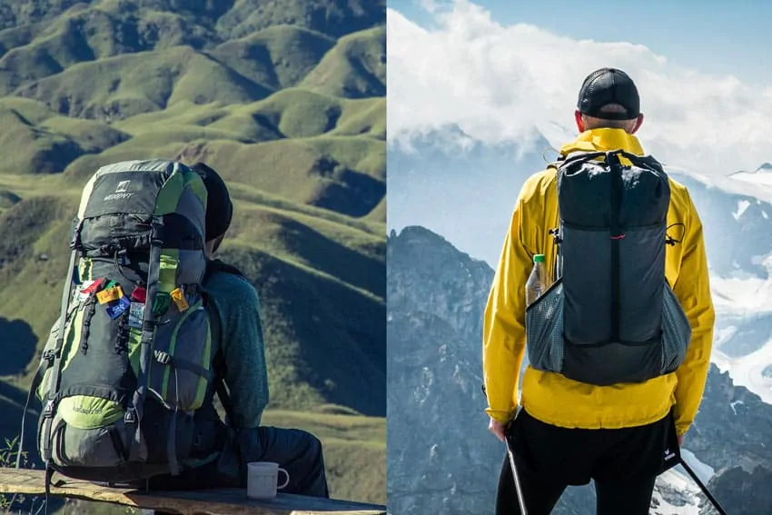 Vergleich eines konventionellen Trekkingrucksack (links) und eines Ultraleicht Rucksack